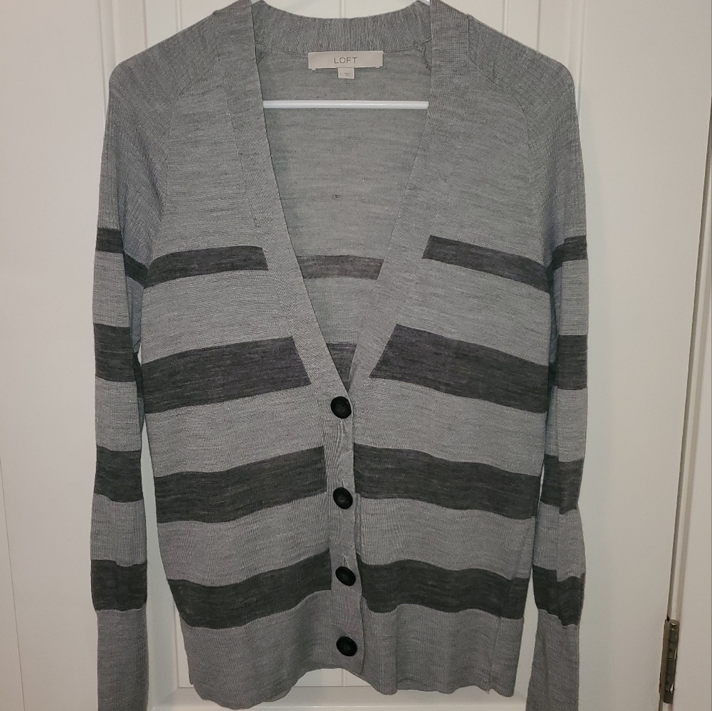 LOFT Cardigan, Size L, gray stripes, lightweight